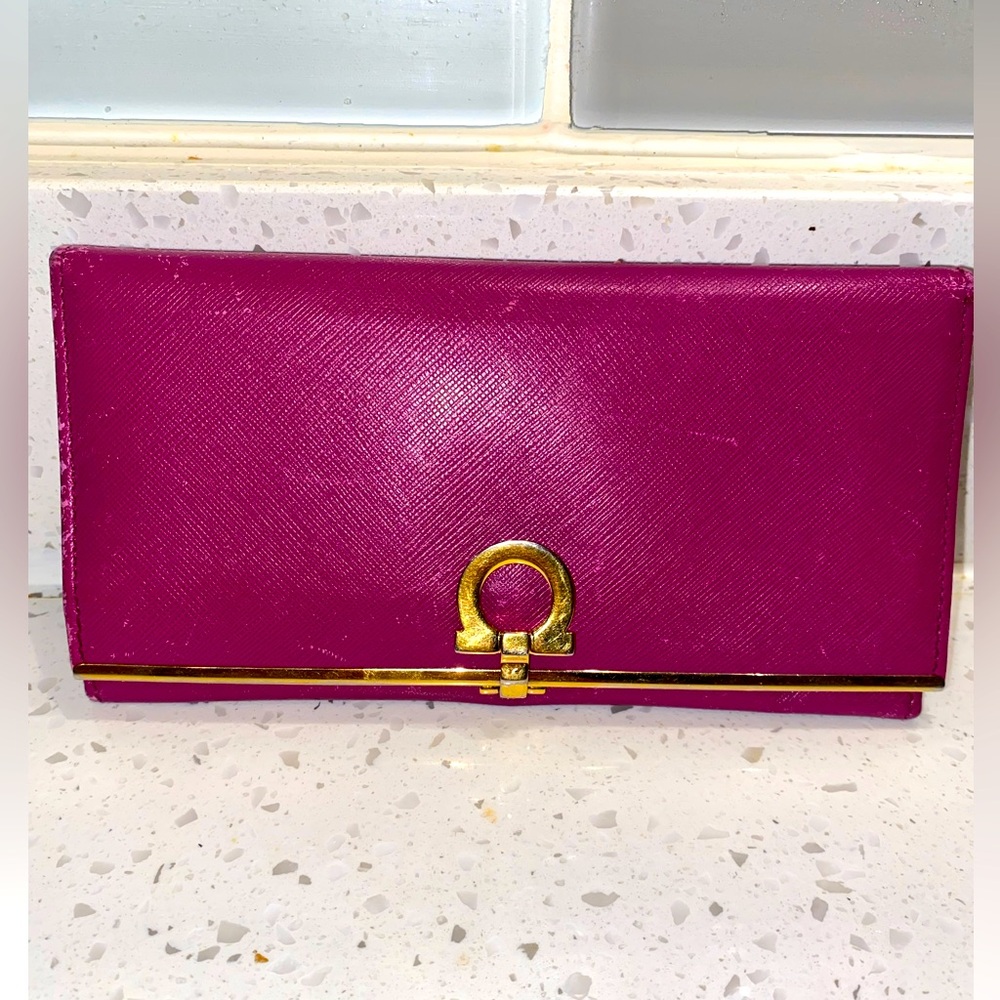 Salvatore Ferragamo Gancini Clasp Fuchsia Pink Saffiano Leather Long Wallet
